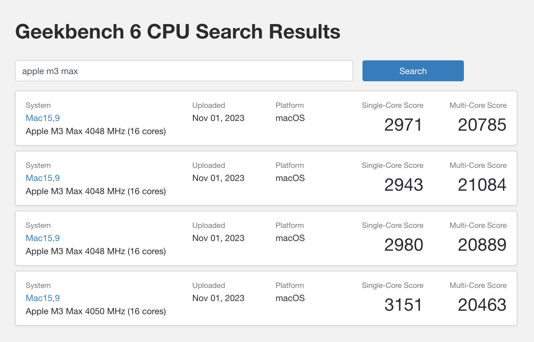 Apple Silicon M3 Max benchmark Geekbench