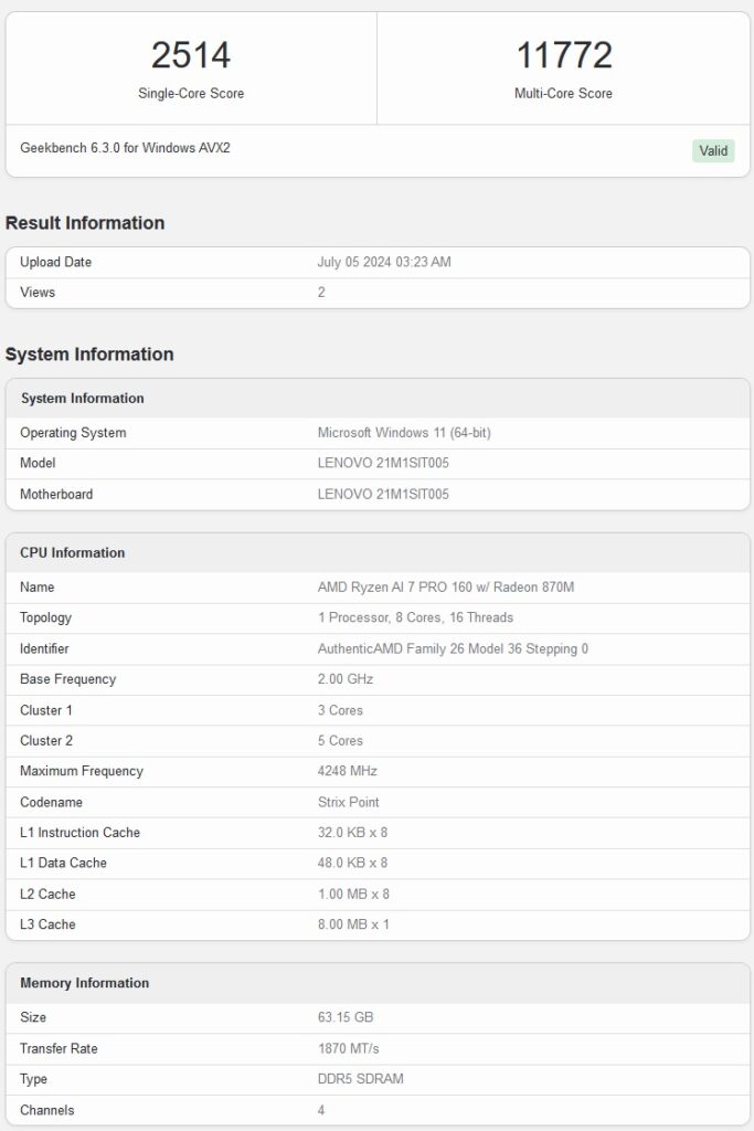 Geekbench amd ryzen ai 7 pro 160