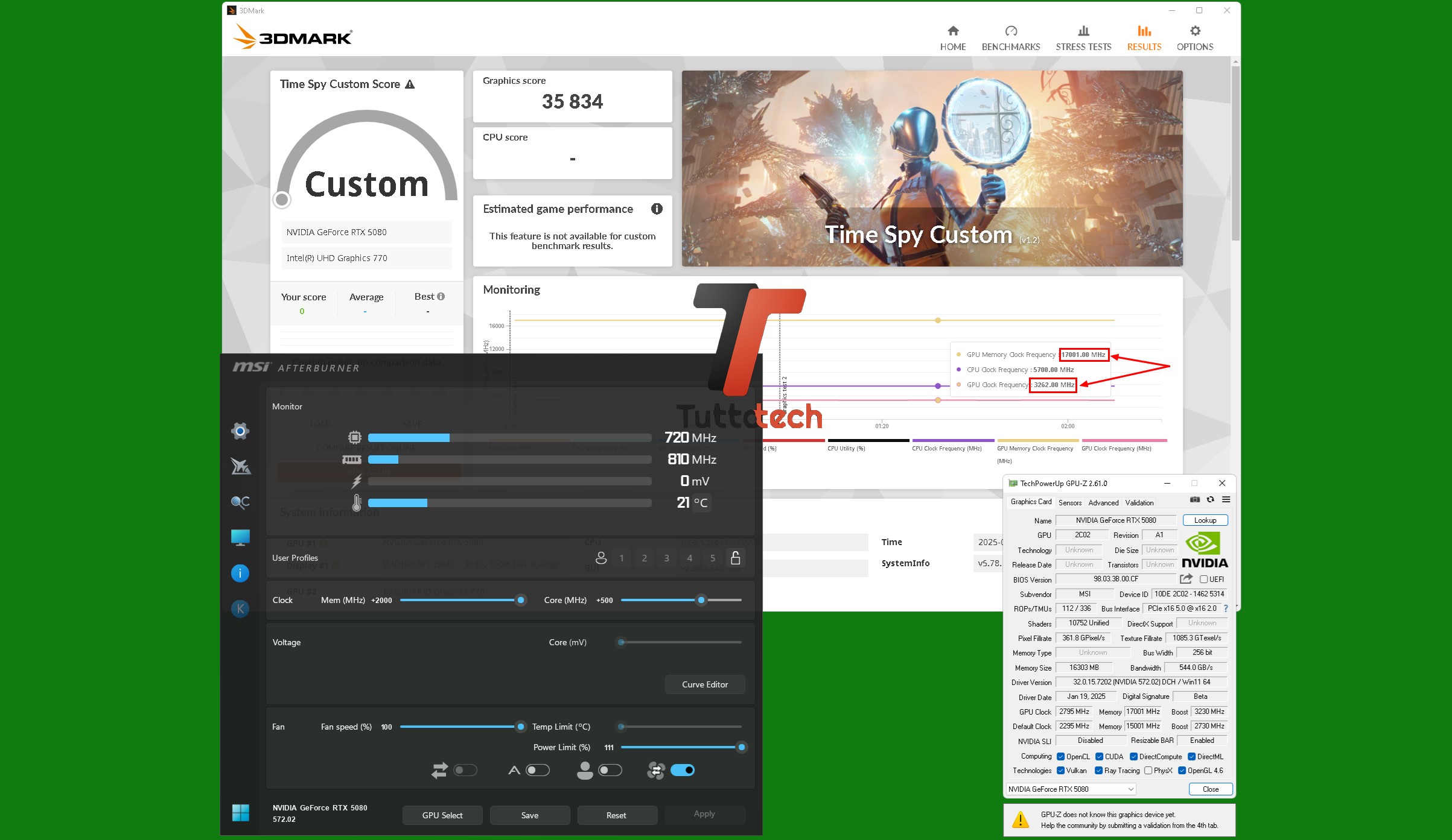 MSI GeForce RTX 5080 16G VANGUARD SOC LAUNCH EDITION overclock