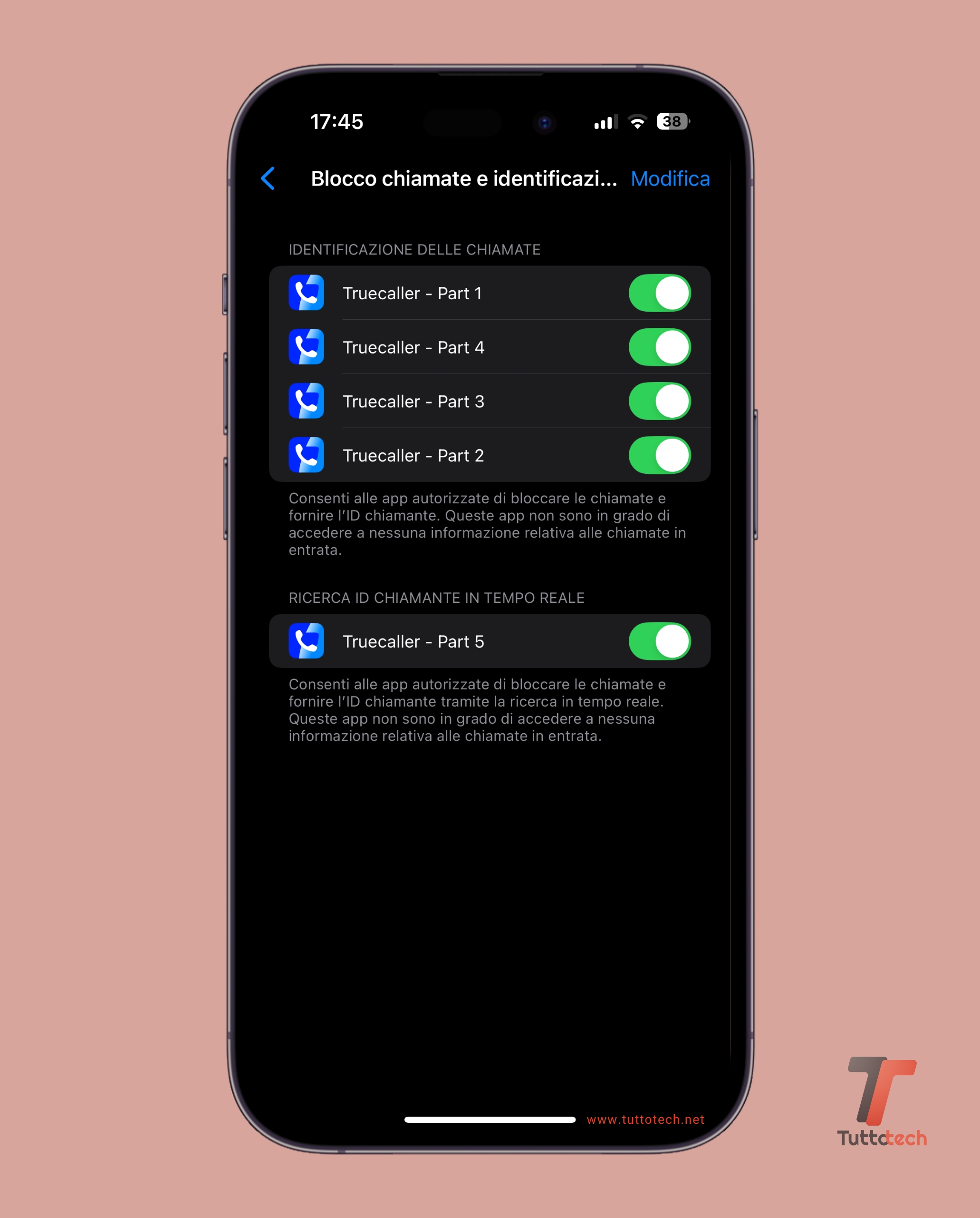 iOS 18.2.1 - opzioni per attivare Truecaller